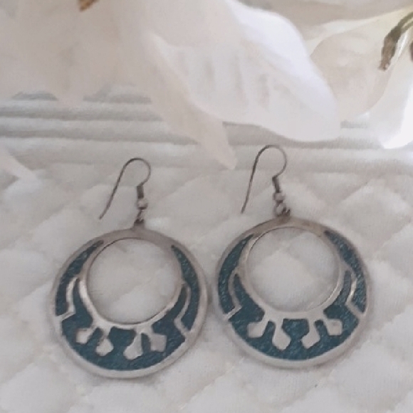 Mexico Jewelry - Mexico Stamp Elegant Silver Earrings With Turquoise Chips